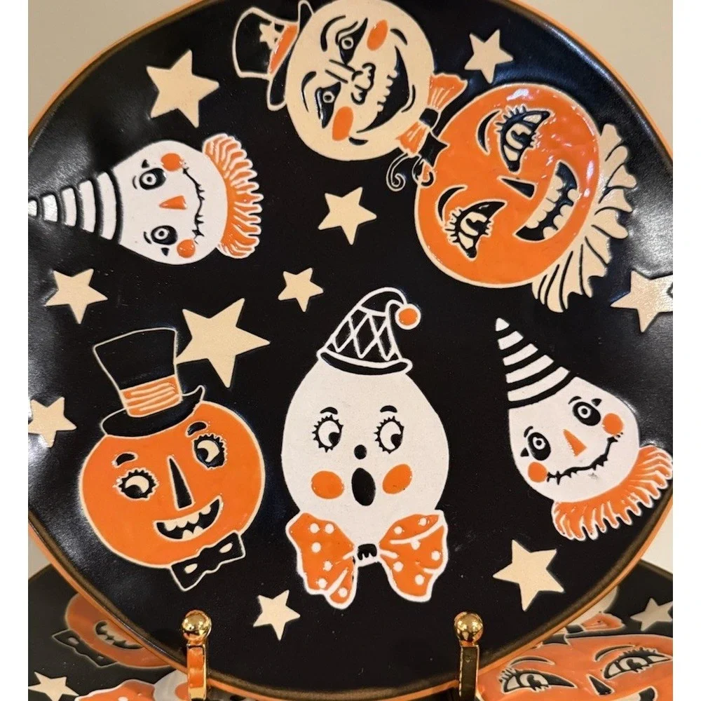 4 Eli + Ana Vintage Style Halloween Ceramic Salad Plates Black Orange 8.5
